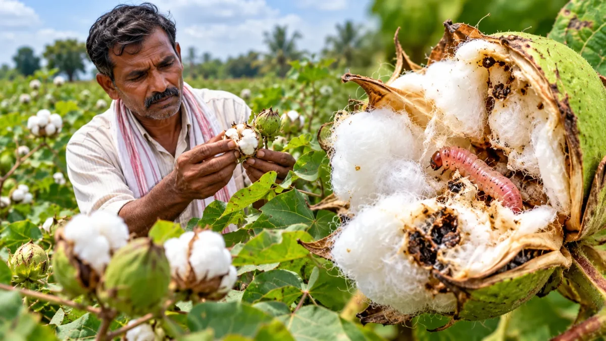 ಹತ್ತಿ ಬೆಳೆಯಲ್ಲಿ ಗುಲಾಬಿ ಕಾಯಿಕೊರಕ ಬಾಧೆ ಪರಿಶೀಲಿಸುವ ರೈತ