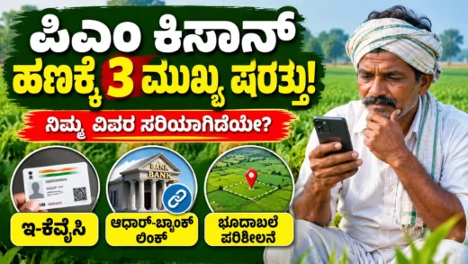 ಪಿಎಂ ಕಿಸಾನ್ ಯೋಜನೆಗೆ ಅರ್ಹತೆ ಮತ್ತು e-KYC ದಾಖಲೆ ಪರಿಶೀಲನೆಯ ಮಾರ್ಗದರ್ಶಿ ಚಿತ್ರ