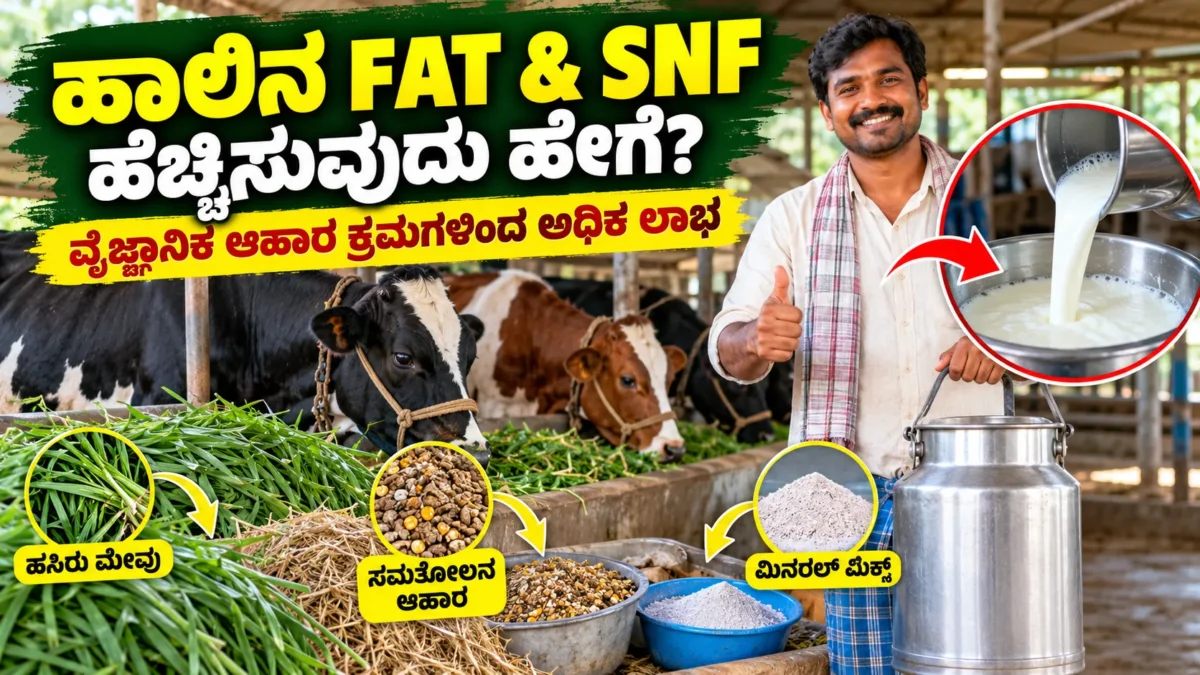 ಹೈನುಗಾರಿಕೆಯಲ್ಲಿ ಹಾಲಿನ ಫ್ಯಾಟ್ ಮತ್ತು SNF ಹೆಚ್ಚಿಸಲು ಸಮತೋಲಿತ ಆಹಾರ ನಿರ್ವಹಣೆ ಕುರಿತು ಮಾಹಿತಿ ಚಿತ್ರ