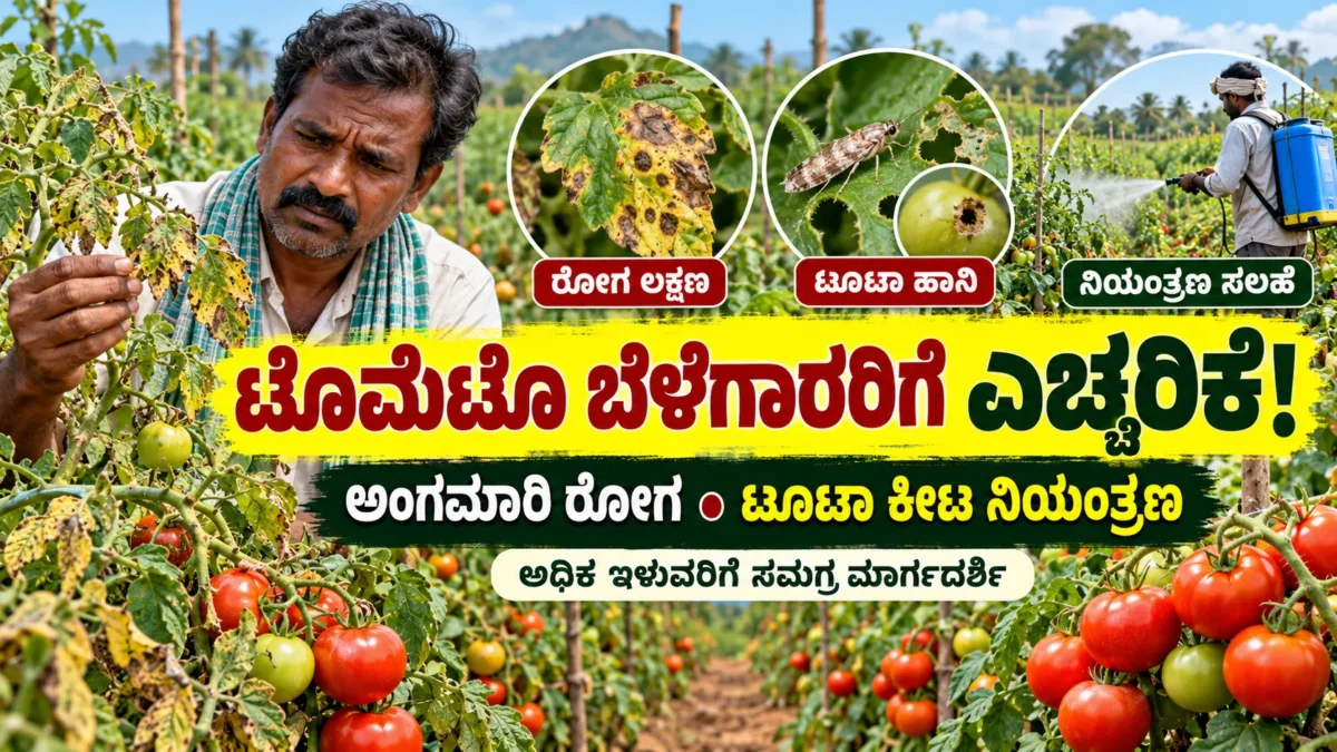 ಟೊಮೆಟೊ ತೋಟದ ರೋಗ ಲಕ್ಷಣ ಮತ್ತು ಟೂಟಾ ಕೀಟ ಬಾಧೆ ತಡೆಗಟ್ಟುವಿಕೆಯ ಮಾಹಿತಿ ಚಿತ್ರ
