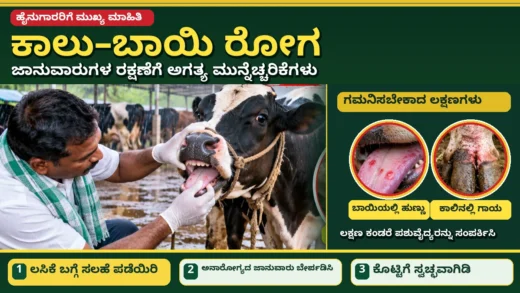 ಜಾನುವಾರುಗಳಲ್ಲಿ ಕಾಲು ಬಾಯಿ ರೋಗದ ಬಗ್ಗೆ ಎಚ್ಚರಿಕೆ ಮತ್ತು ಹೈನುಗಾರರ ಪಶು ಆರೋಗ್ಯ ಆರೈಕೆ