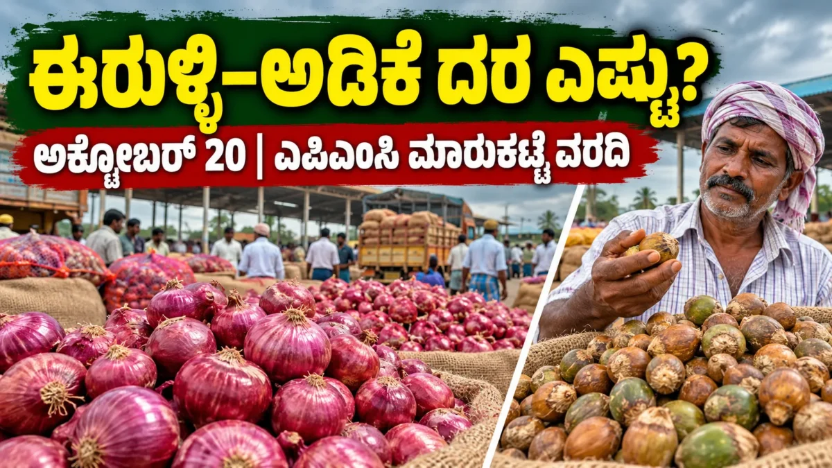 ಈರುಳ್ಳಿ ಮತ್ತು ಅಡಿಕೆ ಎಪಿಎಂಸಿ ಮಾರುಕಟ್ಟೆ ದರ ಮಾಹಿತಿ ಕುರಿತ ಕನ್ನಡ ಸುದ್ದಿ ಚಿತ್ರ